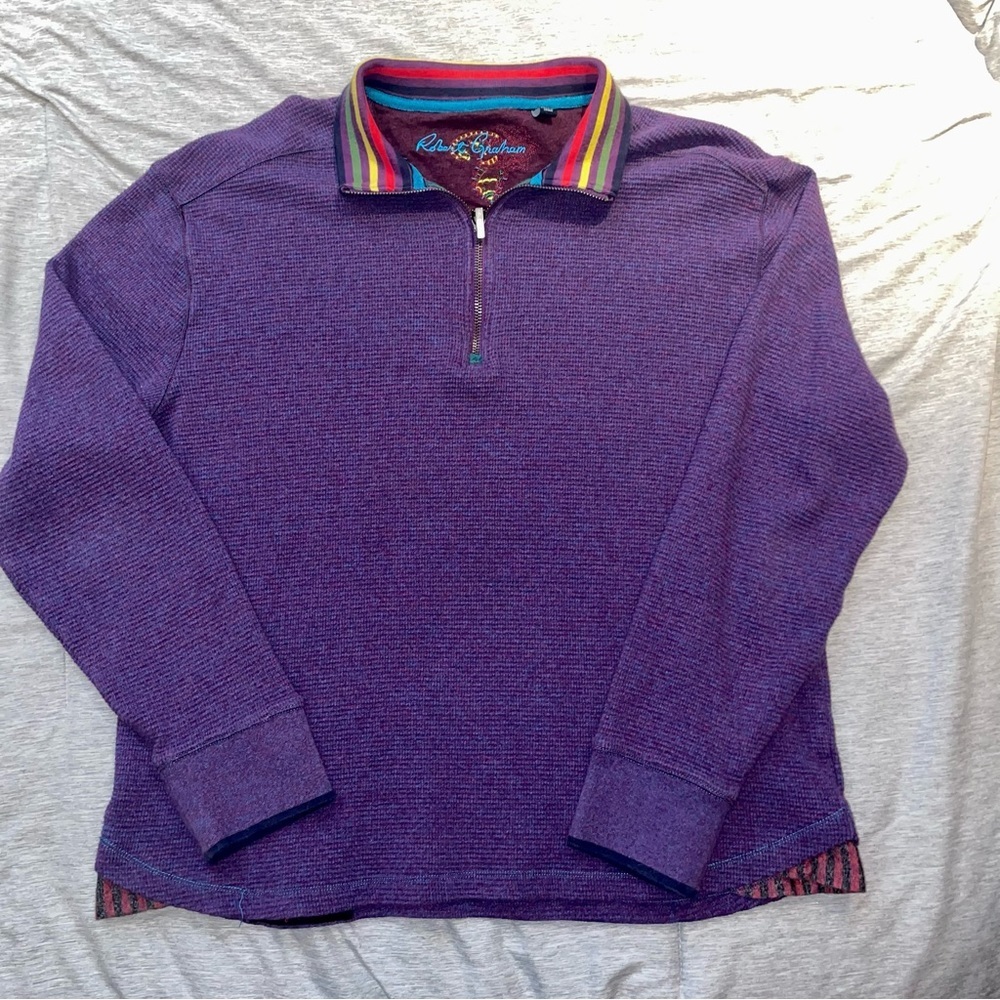 Robert graham  purple 1/4 zip color strip flip cuff color sweater sz medium